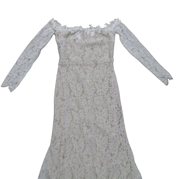 LULU'S White Stretch Lace Maxi Dress Size S-M Off Shoulder Long Sleeve Wedding - Picture 3 of 14